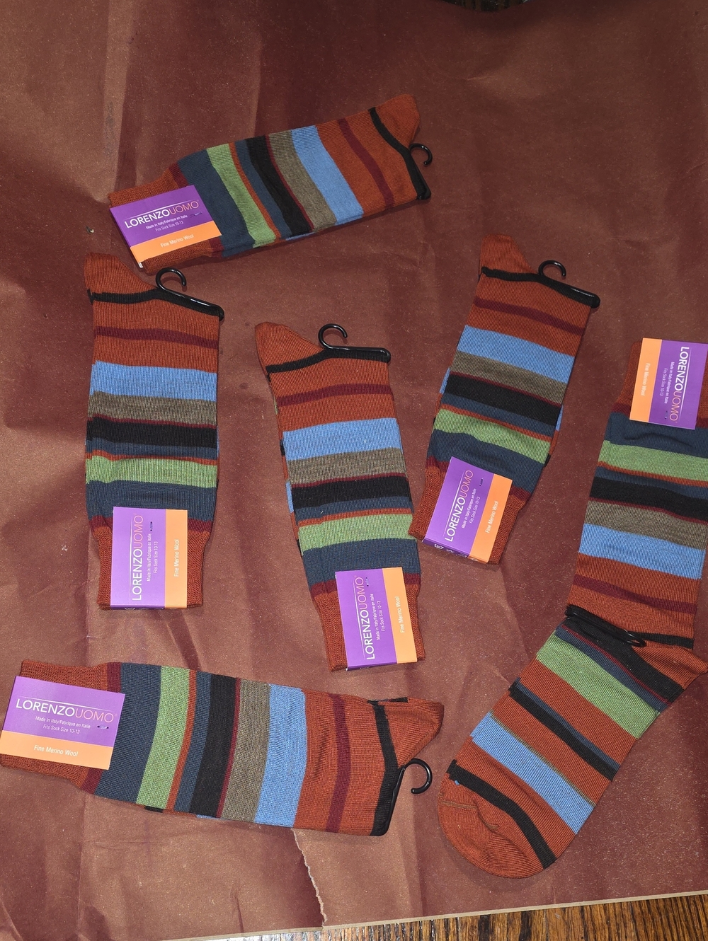 6 Pair Lorenzo Uomo  Brown Merlino Crew Socks - Blue Green Black Accents #4